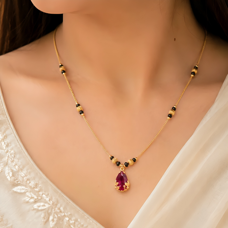 Gold Tone Mangalsutra with Ruby Teardrop Pendant for Women Traditional Daily Wear