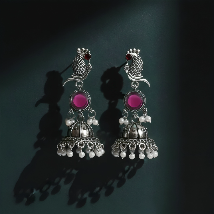Oxidised Silver Peacock Jhumka Earrings with Pink Stone and Pearl Drops for Women in 2 Colors