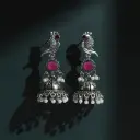Oxidised Silver Peacock Jhumka Earrings with Pink Stone and Pearl Drops for Women in 2 Colors