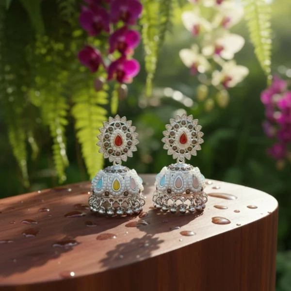 Kundan Jhumka Earrings – Royal Silver-Tone with Multicolor Stones & Pearls