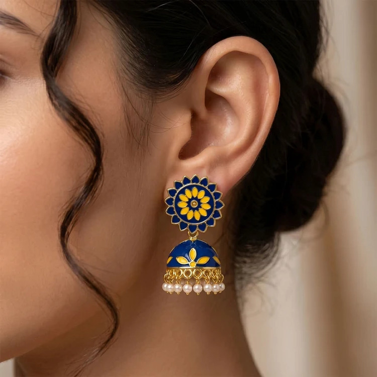 Jhumka Earrings – Bright Floral Enamel Design with Pearl Drop