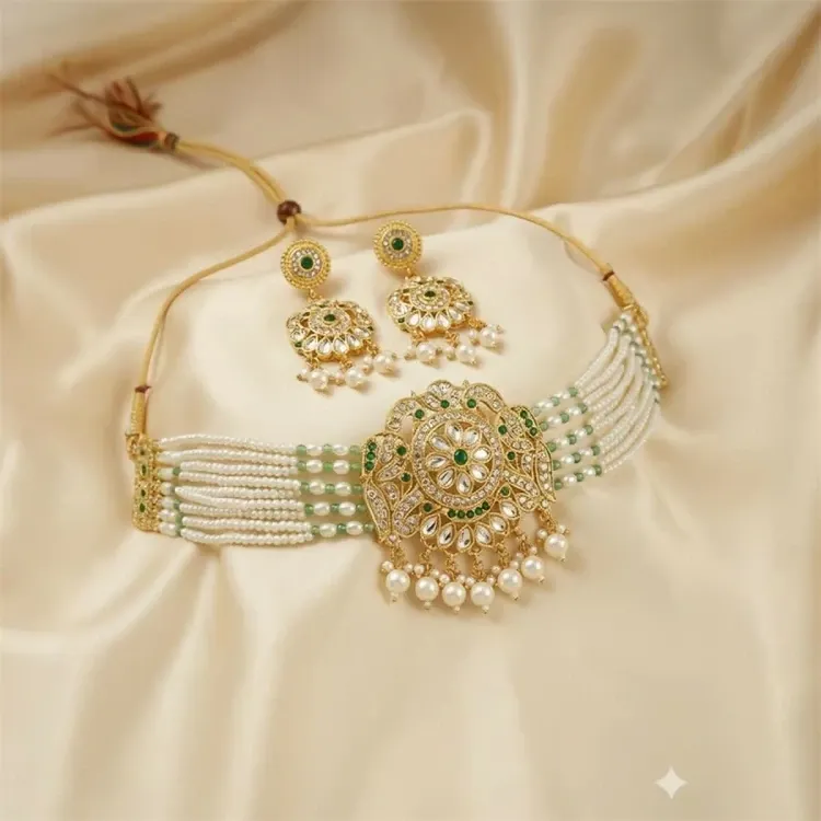 Kundan Pearl Bridal Jewellery Set – Elegant Choker with Earrings