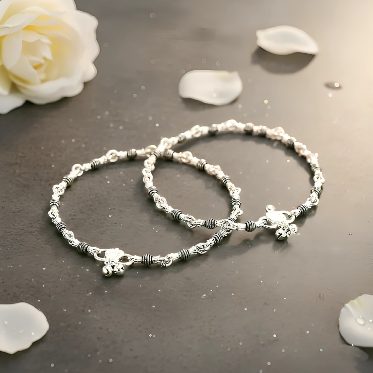 Silver Anklets – Black Beads with Heart Charm and Ghungroo