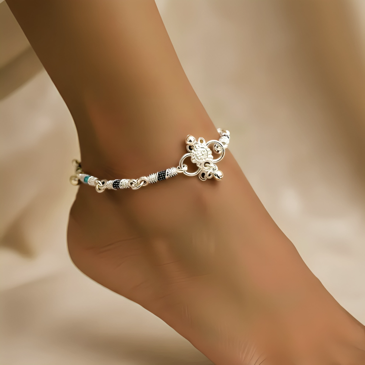 Silver Chain Anklet with Rainbow Enamel Beads – Dainty Indian Payal